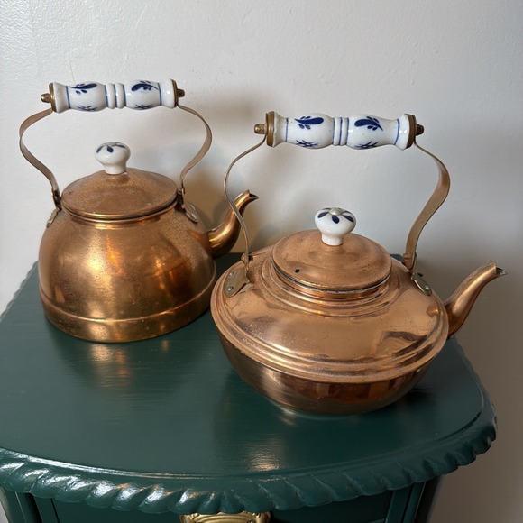Other - Vintage Copper Gooseneck Tea Kettles Porcelain Handles 1960s Country Kitchen